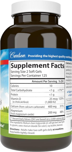 Carlson - Cal-Mag Gels, 2:1 Calcium to Magnesium Ratio, Calcium Magnesium Supplement & Vitamin D, 200 mg Calcium Supplement, 100 mg Magnesium Supplement, Bone Support, Energy Production, 250 Softgels