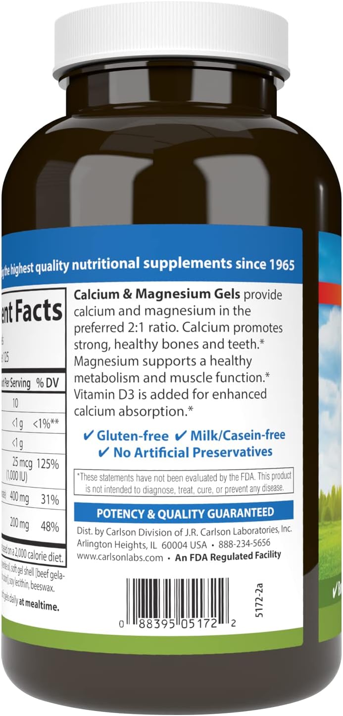 Carlson - Cal-Mag Gels, 2:1 Calcium to Magnesium Ratio, Calcium Magnesium Supplement &amp; Vitamin D, 200 mg Calcium Supplement, 100 mg Magnesium Supplement, Bone Support, Energy Production, 250 Softgels