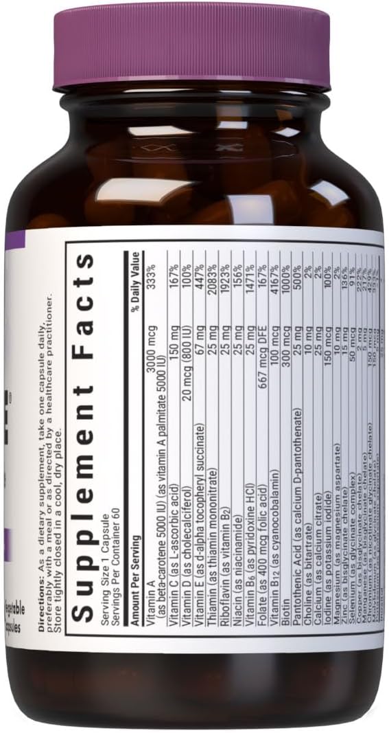 Bluebonnet Nutrition Multi One (iron Free) Vegetable Capsules for Complete Full Spectrum Multiple, B Vitamins, General Health, Gluten free, milk free, kosher, 60 Vegetable Capsules, 2 Month Supply