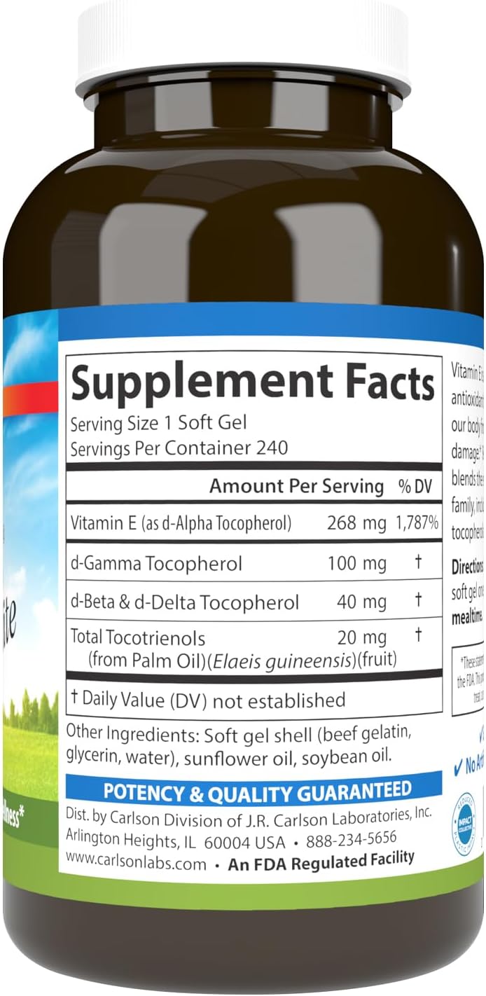 Carlson - E-Gems Elite, 400 IU Vitamin E with Tocopherols &amp; Tocotrienols, Vitamin E Capsules, Heart Health &amp; Optimal Wellness, Antioxidant, Vitamin E Supplement, 240 Softgels