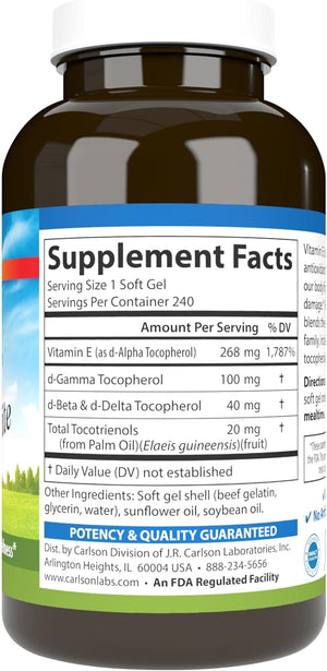 Carlson - E-Gems Elite, 400 IU Vitamin E with Tocopherols & Tocotrienols, Vitamin E Capsules, Heart Health & Optimal Wellness, Antioxidant, Vitamin E Supplement, 240 Softgels