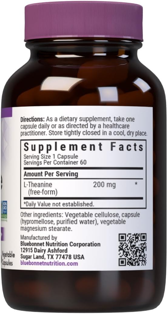 Bluebonnet Nutrition L-Theanine 200mg, Free-Form Amino Acid, Promotes Relaxation*, Soy-Free, Gluten-Free, Non-GMO, Kosher Certified, Vegan, 60 Vegetable Capsules, 60 Servings