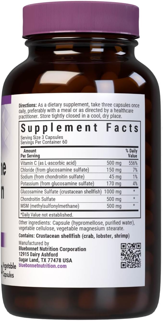 Bluebonnet Nutrition Glucosamine Chondroitin Plus MSM, Glucosamine, Chondroitin Sulfate, Vitamin C &amp; OptiMSM, Bone &amp; Joint Health, Non GMO, Gluten Free, Soy Free, Milk Free, 180 Vegetable Capsules