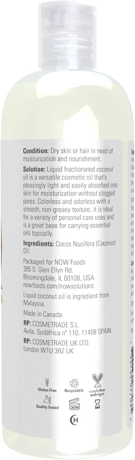 NOW Foods Solutions, Liquid Coconut Oil, Light and Nourishing, Promotes Healthy-Looking Skin and Hair, 16-Ounce