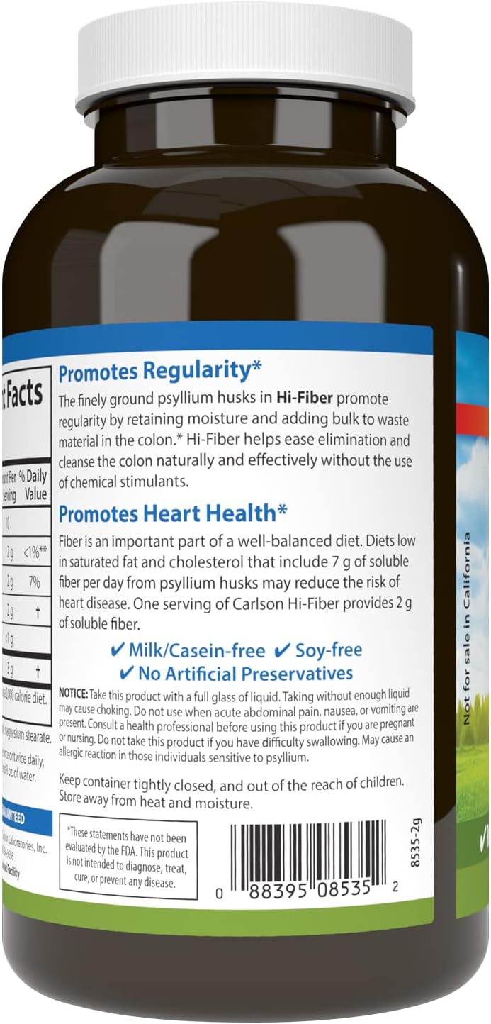 Carlson - Hi-Fiber, 3 g, Psyllium Husk Capsules, Regularity, Colon Health &amp; Heart Function, 300 Capsules