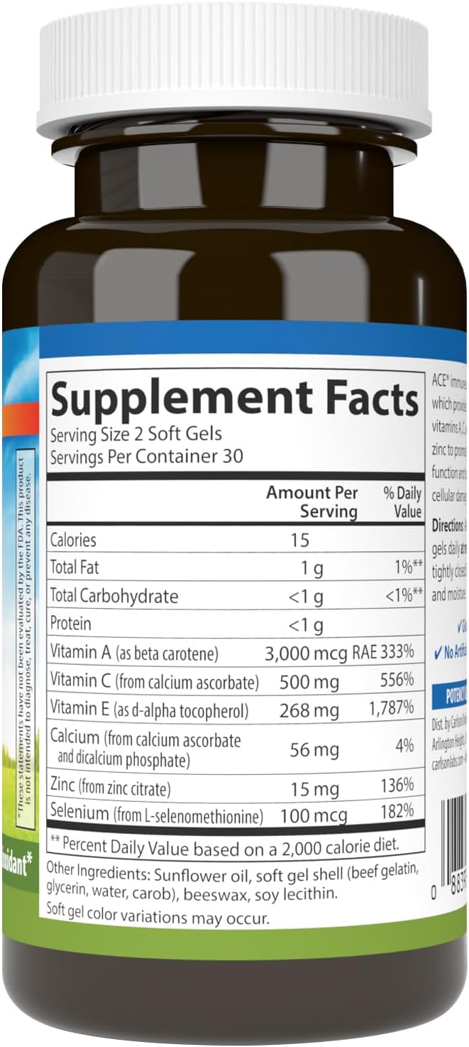 Carlson - ACES + Zn, Vitamins A, C, E + Selenium &amp; Zinc, Cellular Health &amp; Immune Support, Antioxidant, 60 Softgels