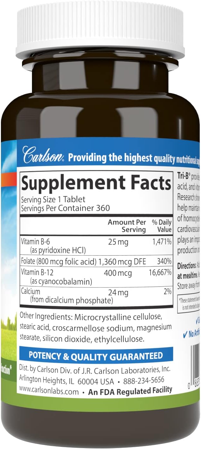 Carlson - Tri-B, Vitamin B Complex, 25 mg Vitamin B-6, 400 mcg Vitamin B-12, Folic Acid Energy Pills, Promote Cardiovascular Health, B Complex Vitamins, B12 Supplement, B Vitamin Complex, 360 Tablets