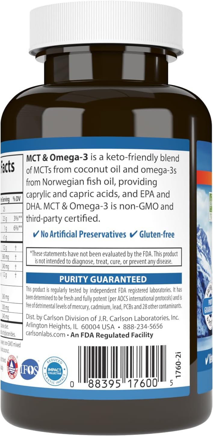 Carlson - MCT & Omega-3, Coconut Oil, Caprylic & Capric Acids, EPA & DHA, Energy Production, Fat Metabolism & Brain Health, 60 Softgels