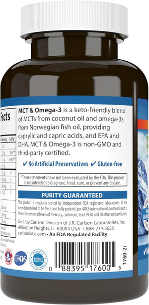 Carlson - MCT & Omega-3, Coconut Oil, Caprylic & Capric Acids, EPA & DHA, Energy Production, Fat Metabolism & Brain Health, 60 Softgels