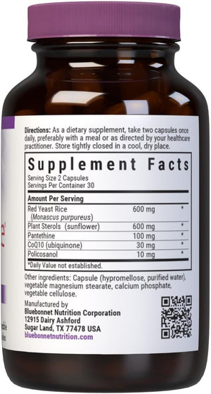 Bluebonnet Nutrition CholesteRice Vegetable Capsules, Red Yeast Rice, Plant Sterols, Pantethine, CoQ10, Policosanol, Vegan, Vegetarian, Non GMO, Gluten Free, Milk Free, SOY-FREE, 60 Vegetable Capsules