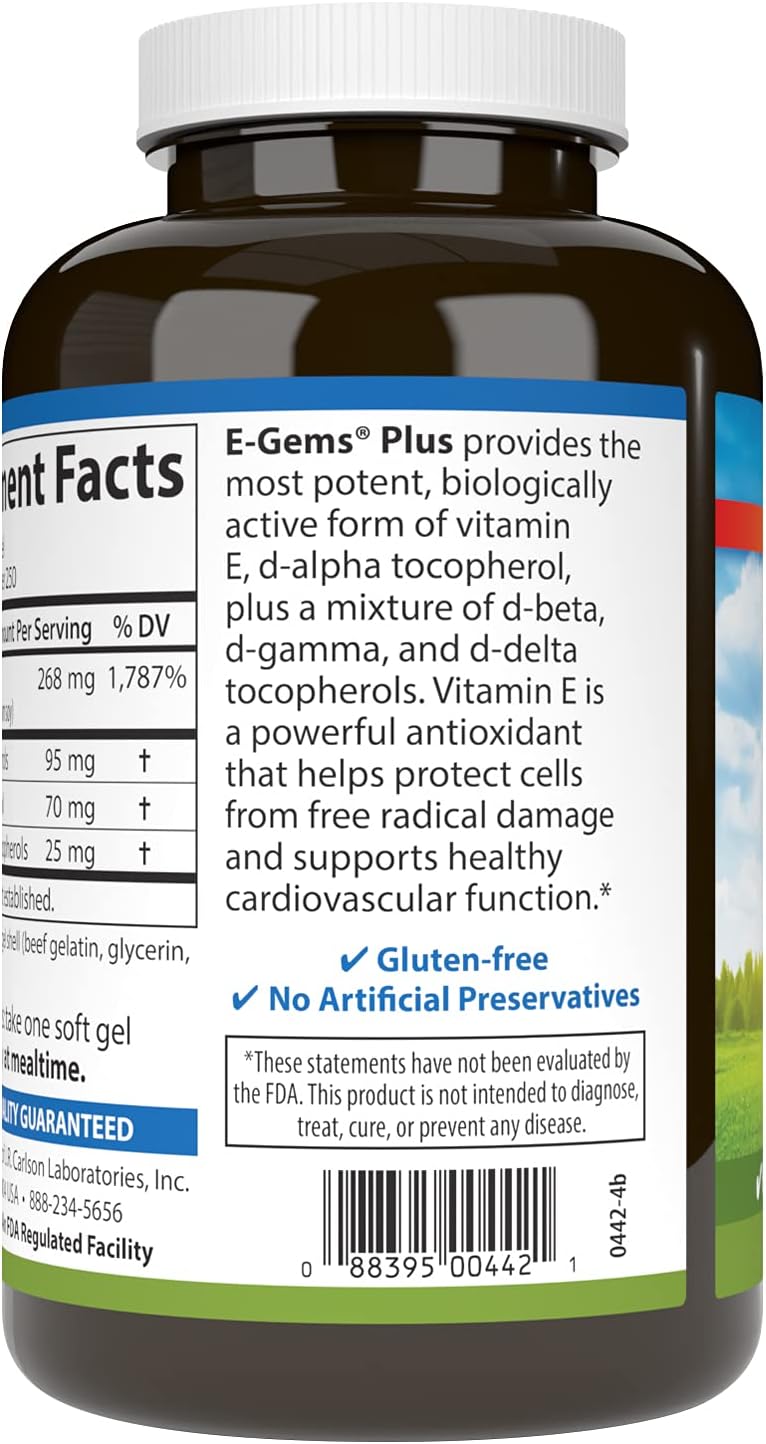 Carlson - E-Gems Plus, Natural Vitamin E 400 IU, Supports a Healthy Heart, 250 soft gels