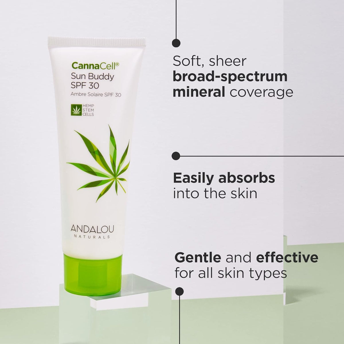 Andalou Naturals Face Sunscreen, CannaCell Sun Buddy SPF 30 with Hemp Stem Cells, Moisturizing Facial Lotion, Broad Spectrum Protection with Non-Nano Zinc Oxide, Reef Safe Sunscreen, 2.7 Fl Oz