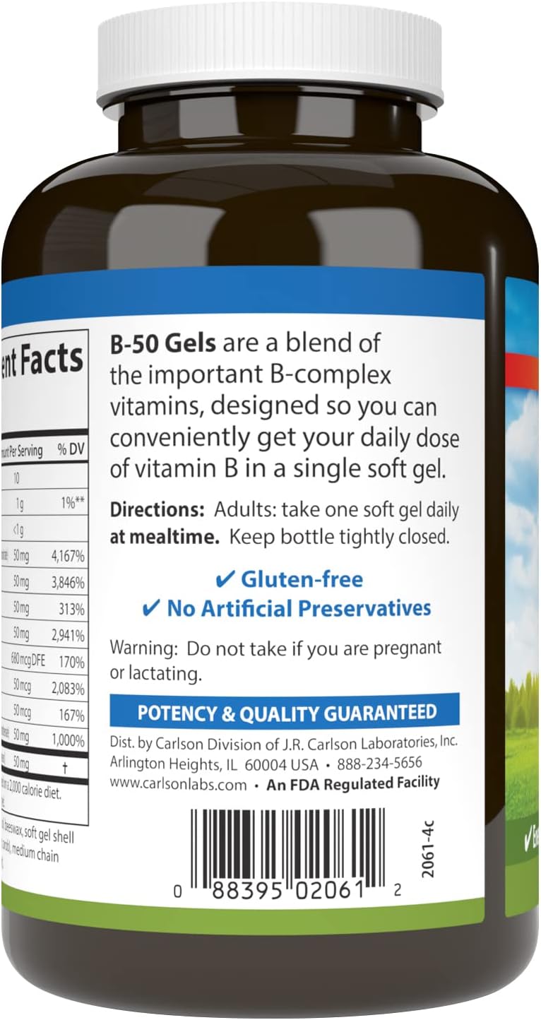 Carlson - B-50 Gels, Vitamin B Complex, Energy Production, Cellular Support &amp; Optimal Wellness, 100 Softgels