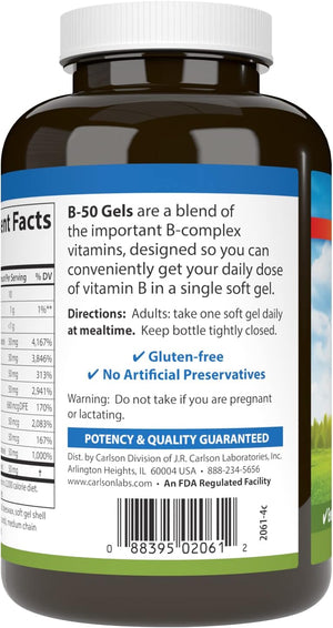 Carlson - B-50 Gels, Vitamin B Complex, Energy Production, Cellular Support & Optimal Wellness, 100 Softgels