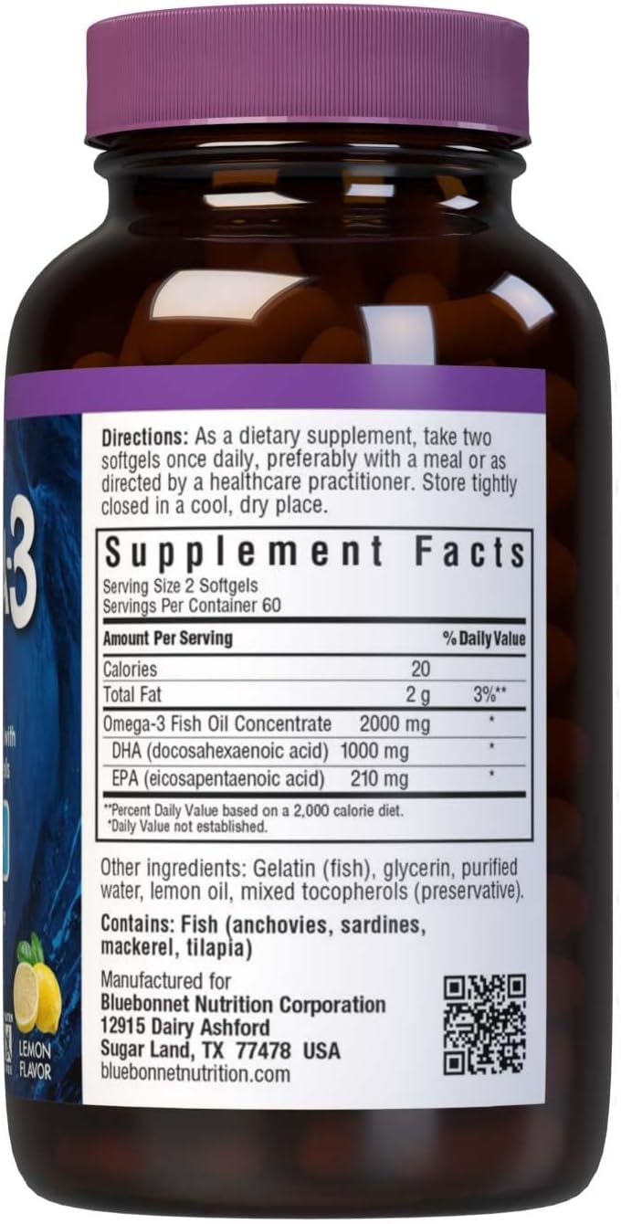 BlueBonnet Nutrition Omega-3 Brain Formula Natural Wild Caught Triglyceride Form DHA 1000 mg EPA 210 mg, Highly Concentrated Cognitive Health &amp; Wellness Support Supplement, Gluten-Free Softgel, Yellow/Clear, Lemon, 120 Count