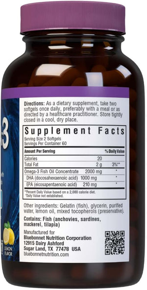 BlueBonnet Nutrition Omega-3 Brain Formula Natural Wild Caught Triglyceride Form DHA 1000 mg EPA 210 mg, Highly Concentrated Cognitive Health & Wellness Support Supplement, Gluten-Free Softgel, Yellow/Clear, Lemon, 120 Count