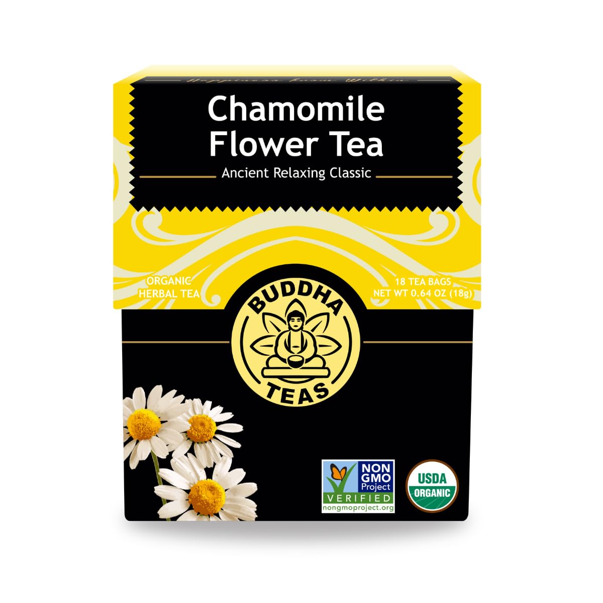 Buddha Teas - Organic Chamomile Flower Tea - Herbal Tea - For Health &amp; Wellbeing - With Antioxidants &amp; Minerals - Clean Ingredients - Caffeine Free - OU Kosher &amp; Non-GMO - 18 Tea Bags