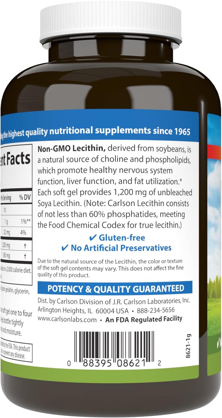 Carlson - Lecithin, Non-GMO, 1200 mg, Nervous System &amp; Liver Function, Unbleached Soy Lecithin, 100 Softgels