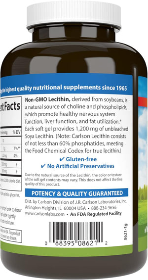 Carlson - Lecithin, Non-GMO, 1200 mg, Nervous System & Liver Function, Unbleached Soy Lecithin, 100 Softgels
