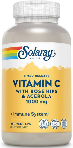SOLARAY Vitamin C 1000 mg - High-Potency, All-Day Immunity, Blood Vessel Health and Collagen Synthesis Support - Vegan, Timed Release, 60-Day Guarantee - 250 Servings, 250 Vitamin C Capsules