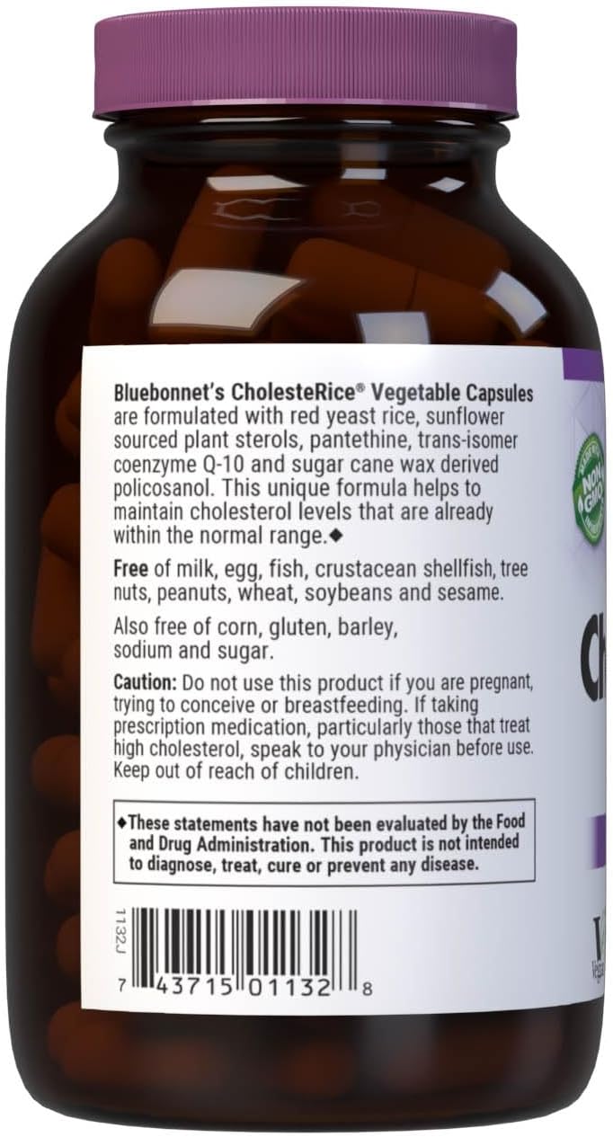 Bluebonnet Nutrition CholesteRice Vegetable Capsules, Red Yeast Rice, Plant Sterols, Pantethine, CoQ10, Policosanol, Vegan, Vegetarian, Non GMO, Gluten Free, Milk Free, SOY-FREE, 90 Vegetable Capsules