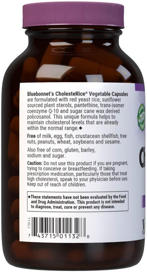 Bluebonnet Nutrition CholesteRice Vegetable Capsules, Red Yeast Rice, Plant Sterols, Pantethine, CoQ10, Policosanol, Vegan, Vegetarian, Non GMO, Gluten Free, Milk Free, SOY-FREE, 90 Vegetable Capsules
