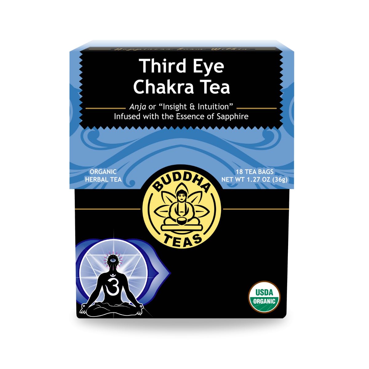 Buddha Teas - Third Eye Chakra Tea - Organic Herbal Tea - For Insight &amp; Intuition - With Eyebright, Spearmint, Star Anise &amp; Sapphire Essence - 100% Kosher &amp; Non-GMO - 18 Tea Bags