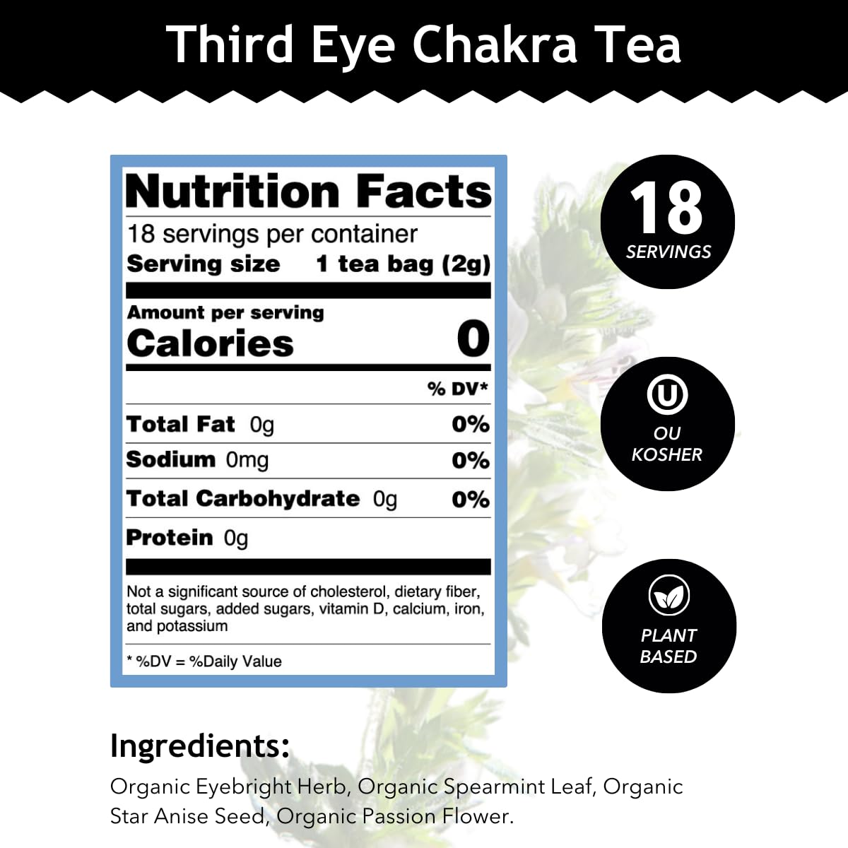 Buddha Teas - Third Eye Chakra Tea - Organic Herbal Tea - For Insight &amp; Intuition - With Eyebright, Spearmint, Star Anise &amp; Sapphire Essence - 100% Kosher &amp; Non-GMO - 18 Tea Bags