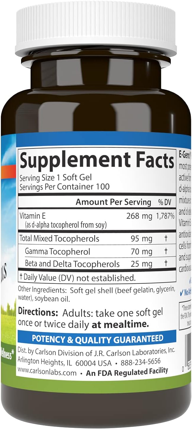 Carlson - E-Gems Plus, 400 IU (268 mg), Natural-Source Vitamin E, Optimal Wellness, 100 Soft Gels