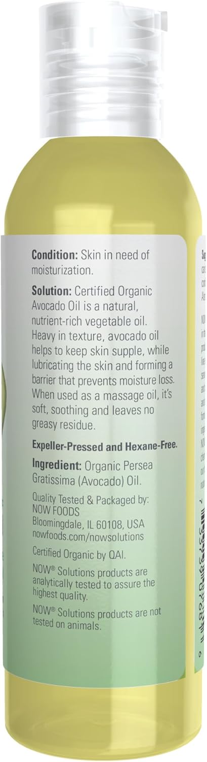 NOW Foods Solutions, Organic Avocado Oil, 100% Pure Moisturizing Oil, Nutrient Rich and Hydrating, 4-Ounce