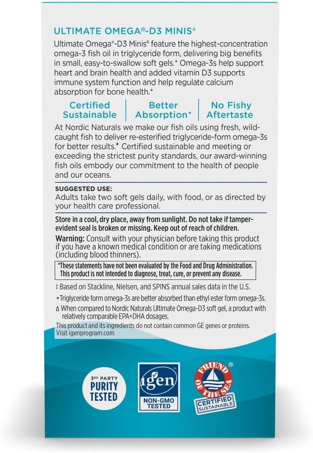Nordic Naturals Ultimate Omega Mini D3, Lemon Flavor - 60 Mini Soft Gels - 1120 mg Omega-3 + 1000 IU Vitamin D3 - EPA &amp; DHA - Promotes Brain &amp; Heart Health - 30 Servings