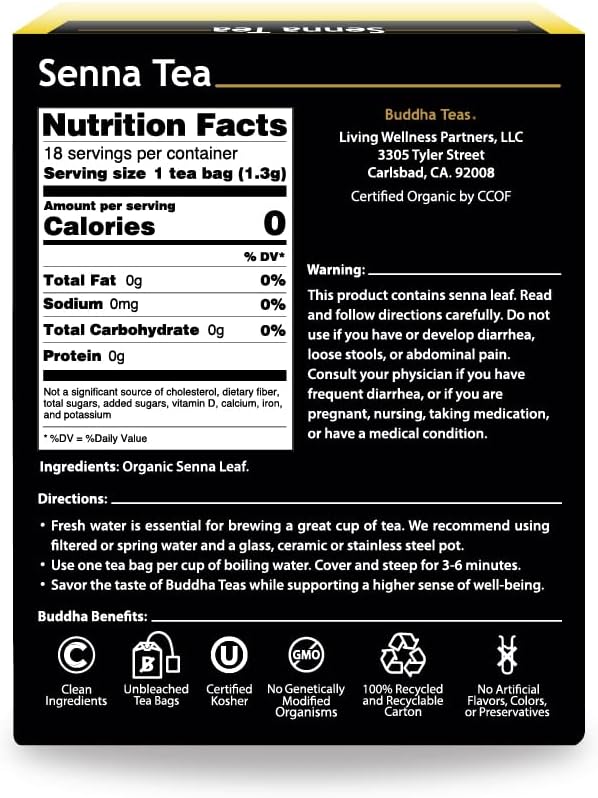 Organic Senna Tea - Kosher, Caffeine Free, GMO-Free - 18 Bleach Free Tea Bags
