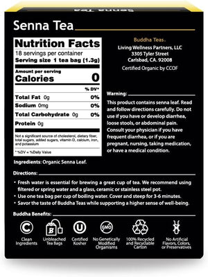 Organic Senna Tea - Kosher, Caffeine Free, GMO-Free - 18 Bleach Free Tea Bags