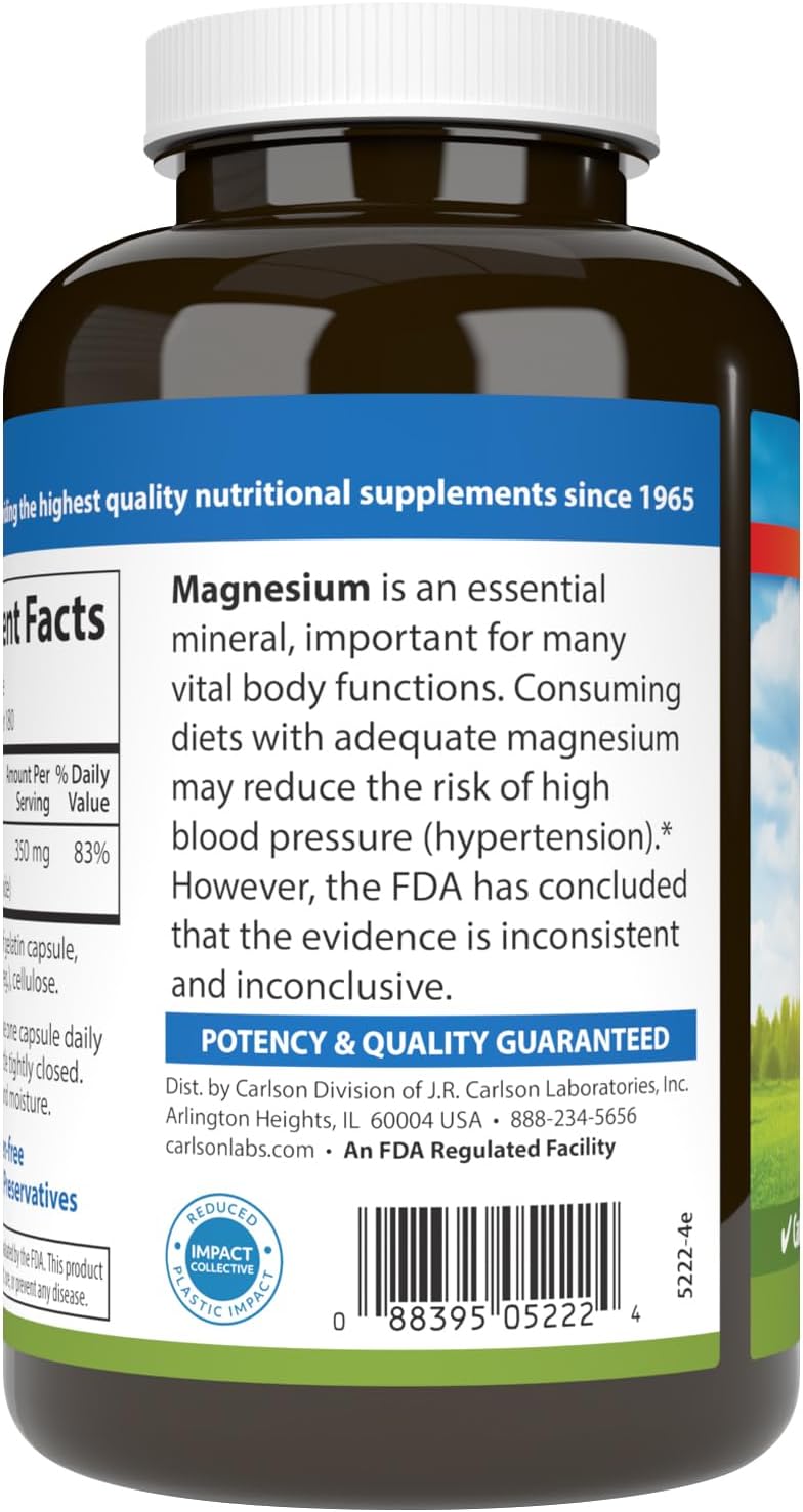 Carlson - Magnesium, 350 mg, Cardiovascular Support, Muscle Function &amp; Nerve Health, 180 capsules