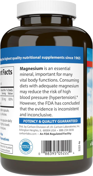 Carlson - Magnesium, 350 mg, Cardiovascular Support, Muscle Function & Nerve Health, 180 capsules