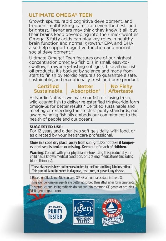 Nordic Naturals Ultimate Omega 2X Teen, Strawberry - 60 Mini Soft Gels - 1120 mg Total Omega-3s with EPA &amp; DHA - Brain Health, Positive Mood, Social Development, Learning - Non-GMO - 30 Servings