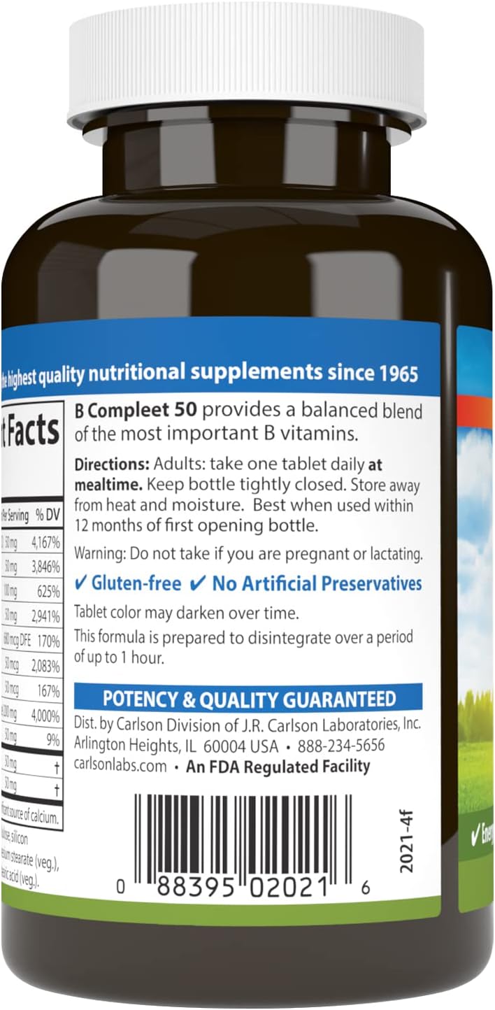 Carlson - B Compleet 50, Balanced Vitamin B Complex, Energy Production, Cellular Support &amp; Optimal Wellness, 100 Tablets