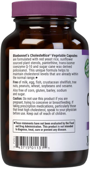 Bluebonnet Nutrition CholesteRice Vegetable Capsules, Red Yeast Rice, Plant Sterols, Pantethine, CoQ10, Policosanol, Vegan, Vegetarian, Non GMO, Gluten Free, Milk Free, SOY-FREE, 60 Vegetable Capsules