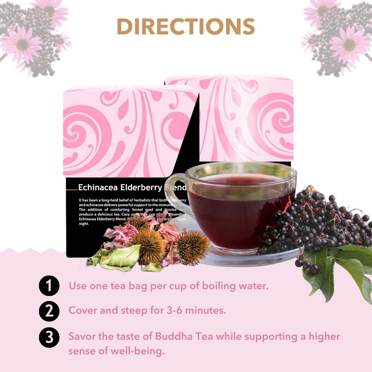 Buddha Teas - Organic Echinacea Elderberry Blend - Herbal Tea - For Health &amp; Wellbeing - With Antioxidants &amp; Minerals - Clean Ingredients - No Caffeine - OU Kosher &amp; Non-GMO - 18 Tea Bags