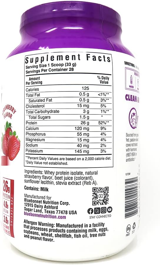 Bluebonnet Nutrition Whey Protein Isolate Powder, Whey From Grass Fed Cows, 26g of Protein, No Sugar Added, Non GMO, Gluten Free, Soy free, kosher Dairy, 2 Lbs, 28 Servings, Strawberry Flavor