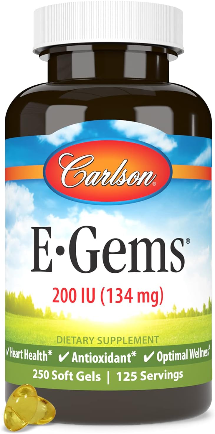Carlson E-Gems 200 IU (134 mg), Natural-Source Vitamin E, Optimal Wellness, 250 Soft Gels