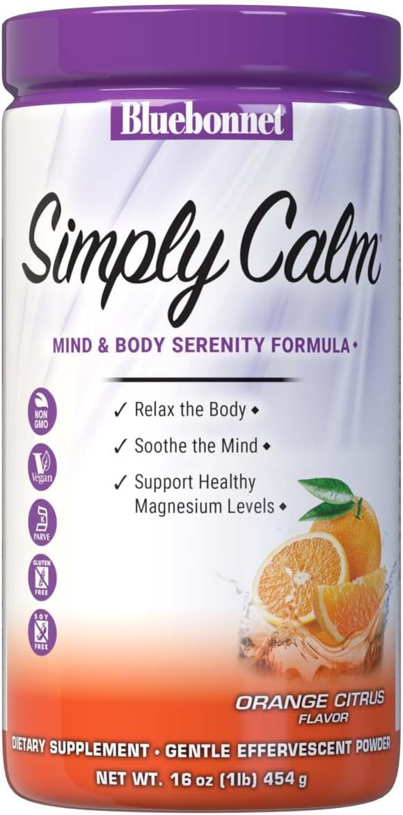 Bluebonnet Nutrition Simply Calm Powder, For Calm*, Muscle Cramps*, Stress Relief*, Soy-Free, Gluten-Free, Non-GMO, Kosher Certified, Dairy-Free, Vegan, 16 oz, 82 Servings, Orange Citrus Flavor