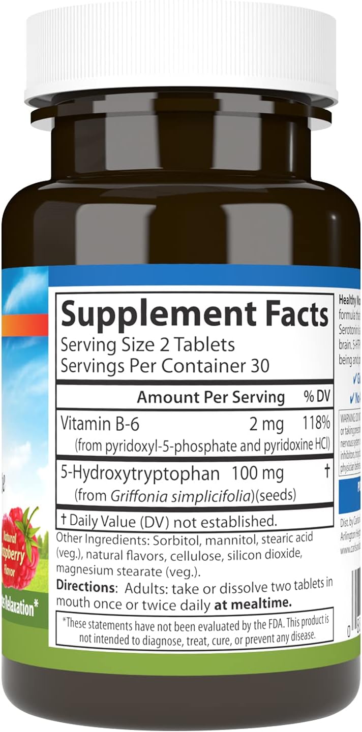 Carlson Healthy Mood 5-HTP Elite 100 mg with Vitamin B6 - Mood Support &amp; Relaxation Supplement - Raspberry Chewable - 60 Tablets