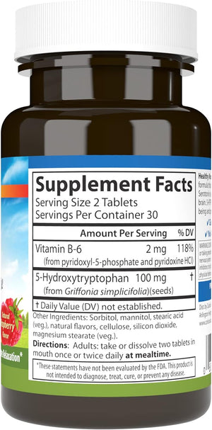 Carlson Healthy Mood 5-HTP Elite 100 mg with Vitamin B6 - Mood Support & Relaxation Supplement - Raspberry Chewable - 60 Tablets