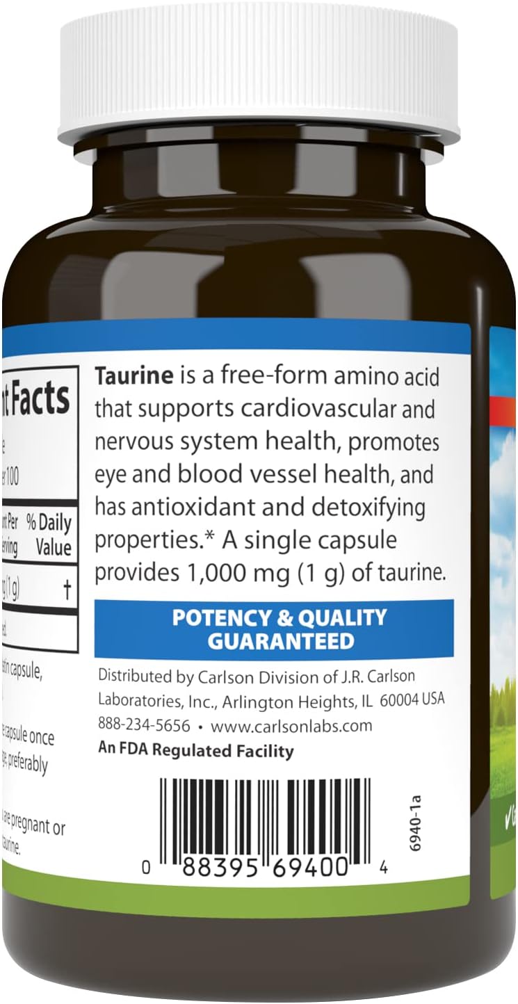 Taurine, Free-Form Amino Acid, Cardiovascular Support, Nerve Health &amp; Muscle Function, 100 Capsules