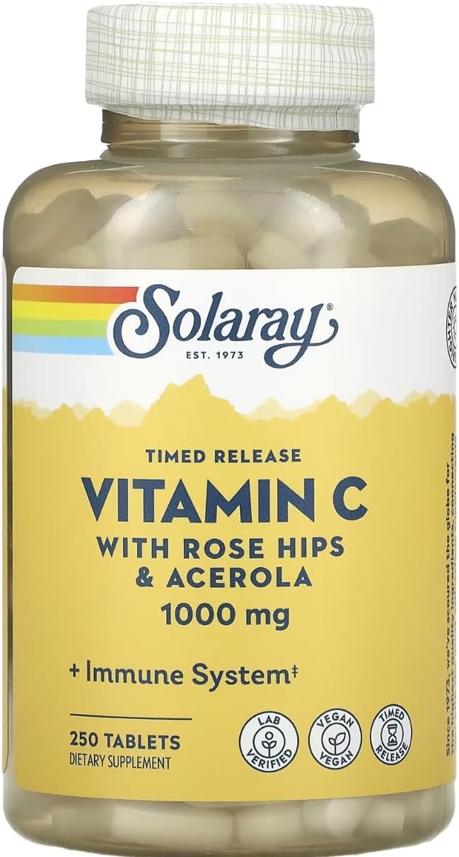 Solaray Timed Release Vitamin C with Rose HIPS & Acerola, 1,000 mg, 250 Tablets