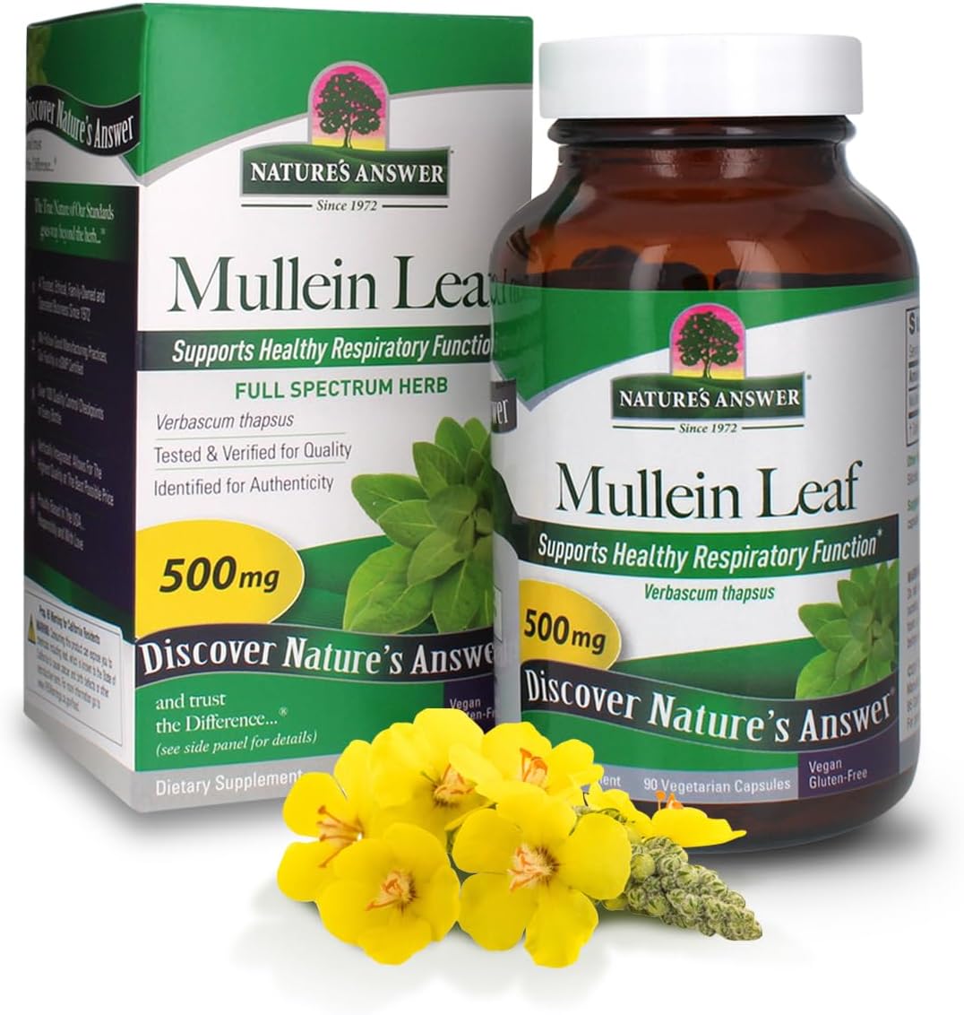 Nature&#39;s Answer Mullein Leaf Capsules 90 - Alcohol Free, Vegetarian, Vegan, Gluten Free - Mullein capsuels for Lungs - Supports Respiratory Function &amp; Lung Health