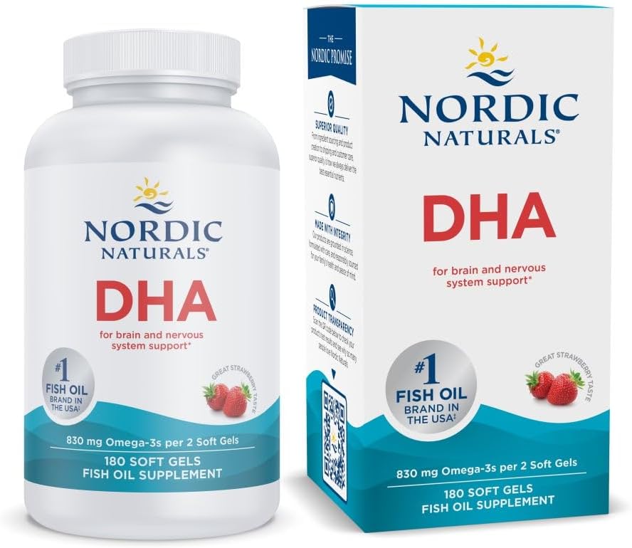 Nordic Naturals DHA, Strawberry - 180 Soft Gels - 830 mg Omega-3 - High-Intensity DHA Formula for Brain &amp; Nervous System Support - Non-GMO - 90 Servings
