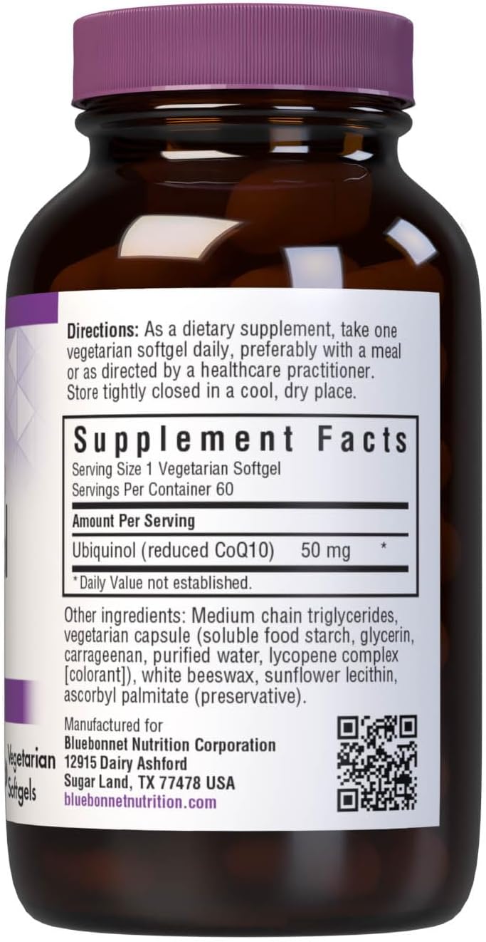 Bluebonnet Nutrition Cellular Active CoQ10 Ubiquinol 50 mg Vegetarian Softgels, Heart Health &amp; Cellular Health, Ubiquinol from Kaneka, Non GMO, Gluten Free, Soy Free, Milk Free, 60 Vegetarian Softgels