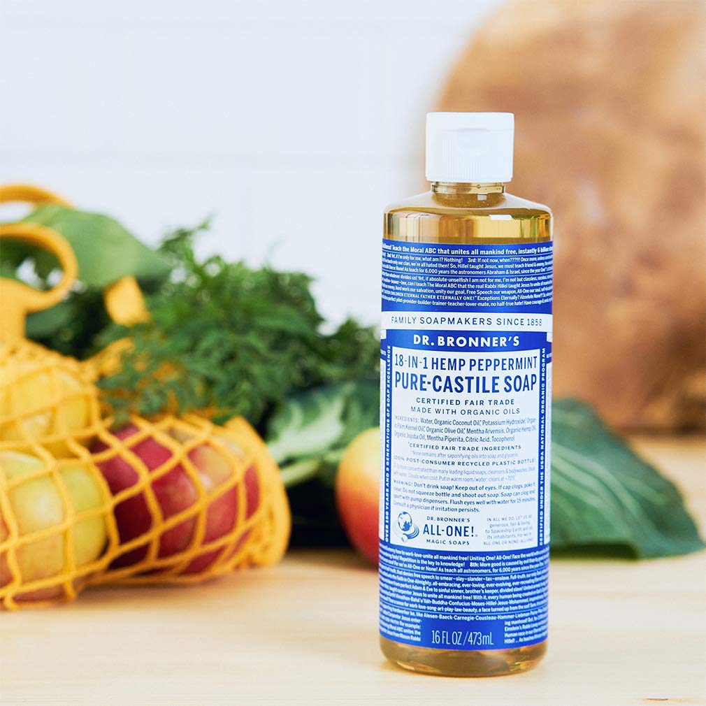 Dr. Bronner&#39;s - Pure-Castile Liquid Soap (Peppermint, 16 ounce) - Made with Organic Oils, 18-in-1 Uses: Face, Body, Hair, Laundry, Pets and Dishes, Concentrated, Vegan, Non-GMO